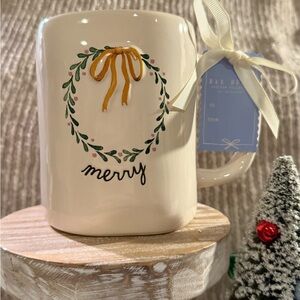 Rae Dunn Holiday Wreath Mug with Gold and Green Accents